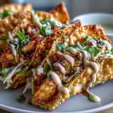 Crispy Chicken Wonton Tacos served with tangy red cabbage slaw and fresh cilantro garnish on a plate.