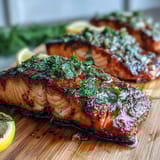 Cedar Plank Salmon with Lemon Dill sizzling on a smoky cedar plank, fresh dill and lemon slices adding bright aroma and flavor.