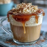 Warm dandelion tea latte with creamy oat milk and a drizzle of honey in a rustic mug, steam rising gently from the surface.