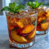 Vibrant mango peach sparkling tea poured over ice, with juicy fruit slices and mint leaves for a refreshing summer drink.