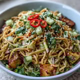 Refreshing Cold Sesame Noodle Bowl with Cucumber, a perfect vegetarian lunch or light dinner with zesty lime and herbs.  