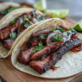Juicy smoked brisket tacos with bright pickled red onion, ready for a festive meal.