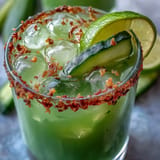 Refreshing alcohol-free pickle margarita mocktail, zesty lime and jalapeño garnish.