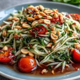 Som Tam featuring crisp papaya, juicy tomatoes, and crunchy peanuts.
