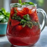 A pitcher of vibrant Strawberry Basil Lemonade, ready for a party.