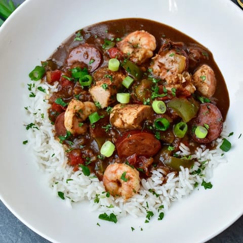 A steaming bowl of gumbo with shrimp, chicken, and sausage, served over fluffy rice.