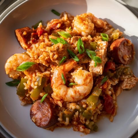 This hearty jambalaya showcases tender shrimp and sausage mixed with fluffy rice and spices.