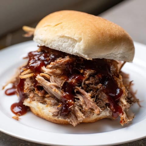 Juicy shredded pulled pork, glistening with barbecue sauce on a soft, fluffy bun.