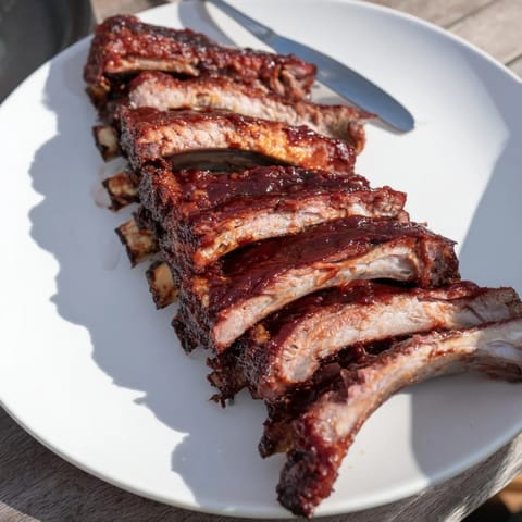 Fall-off-the-bone BBQ ribs, perfectly tender and generously coated in savory barbecue sauce.