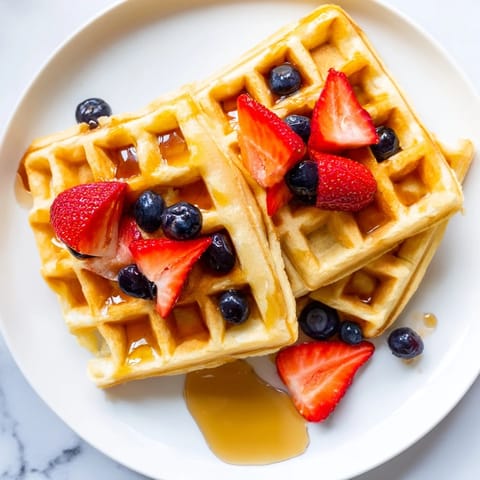 Crispy textured waffles fresh from the iron, perfect for a cozy weekend breakfast or brunch.