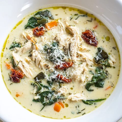 Golden, creamy Tuscan chicken soup in a rustic bowl, garnished with spinach, tomatoes, and grated Parmesan.