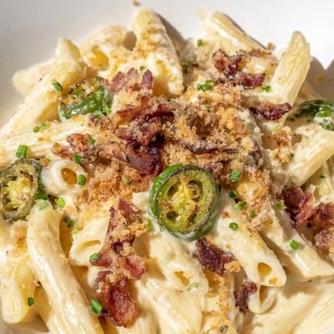 Spicy Jalapeño Popper Pasta served in a white bowl, garnished with toasted panko breadcrumbs and fresh chives.