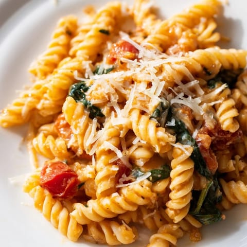 In a single pot, this savory Tomato Spinach One-Pot Rotini recipe comes together, showcasing juicy diced tomatoes, tender spinach, and perfectly cooked rotini pasta in a rich broth.