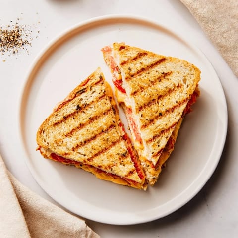 Golden brown Pepper Jack & Tomato Grilled Cheese sandwich, oozing melted cheese and tomato slices, served on a rustic cutting board.  