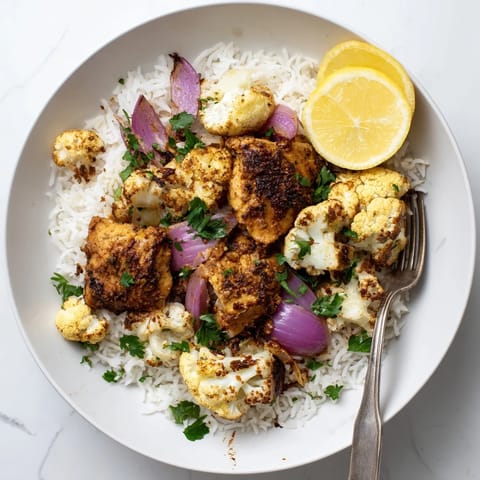 A close-up of the Roasted Cauliflower Chicken Sheet Pan garnished with fresh parsley and lemon wedges.