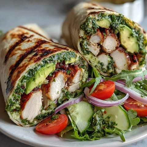 Freshly assembled Chimichurri Chicken Salad Wrap on a wooden board, with vibrant parsley sauce drizzled over the soft flour tortilla.