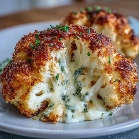 A whole roasted Cheesy Stuffed Cauliflower Head glistens with melted cheddar and golden breadcrumbs.