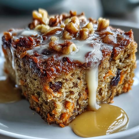 Golden-brown Carrot Cake Baked Oatmeal squares are cooling on a wire rack, showing texture from grated carrots and oats.  