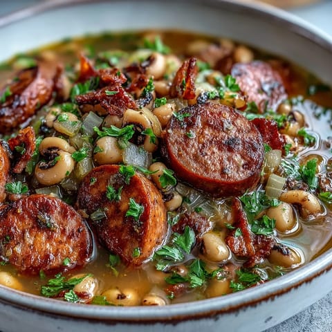 Close-up of Southern-Style Black-Eyed Peas simmering in a Dutch oven with smoky sausage, bacon, and diced vegetables.