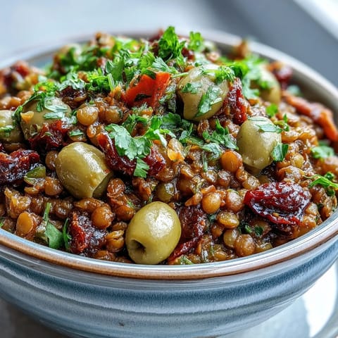 A vibrant bowl of Cuban-Inspired Lentil Picadillo topped with fresh cilantro and served alongside fluffy white rice.