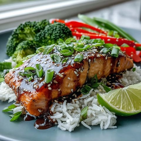 Savory Maple Soy Glazed Salmon served with steamed broccoli, snap peas, and red bell peppers, garnished with sesame seeds and lime.