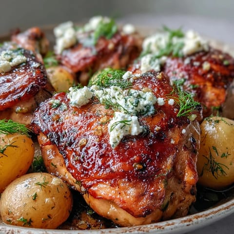 A whole Roasted Chicken with Pot Potatoes, Lemon Herbs, and Feta served with crumbled feta and zesty lemon wedges on the side.