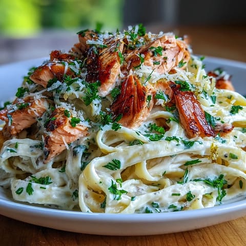 A fork twirls silky fettuccine coated in rich creamy salmon pasta sauce, with lemon zest and flaked fish.