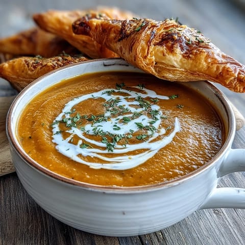 Close-up of Creamy Broccoli and Butternut Squash Soup With Pastries beside a bowl of smooth, orange-green soup, ready to serve.  