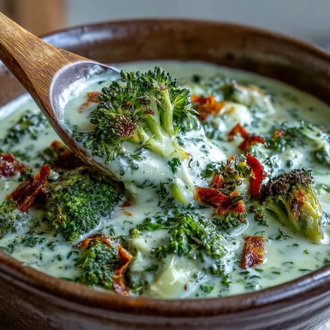 Hearty Roasted Broccoli Cheddar Soup served in a white ceramic bowl, topped with roasted broccoli and fresh thyme leaves.