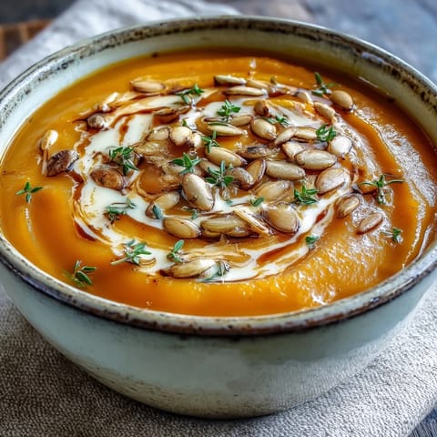 Creamy Butternut Squash and Apple Soup swirls in a bowl, garnished with thyme and pumpkin seeds, beside crusty bread.