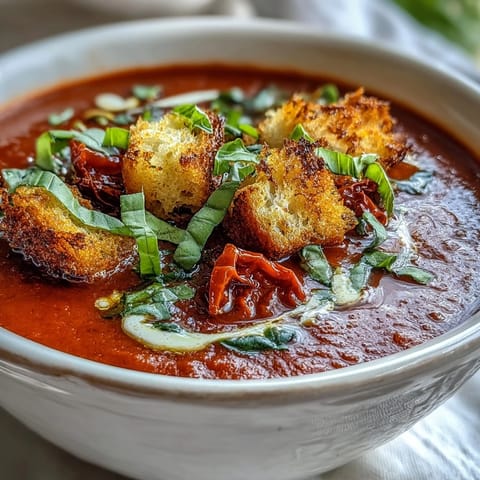 Golden roasted tomatoes and caramelized onions blend into a silky Roasted Tomato Basil Soup, topped with fresh basil and a swirl of cream.