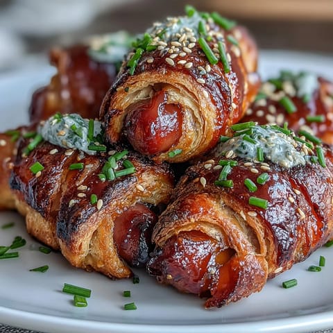 Close-up of Pepper Jelly Hogs in a Blanket showcasing flaky puff pastry wrapped around juicy mini sausages, garnished with chives.