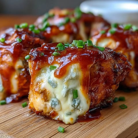 Freshly baked Buffalo Wing Poppers on a wooden board, with bubbling, spicy filling and chopped chives.