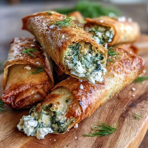 Freshly fried Spanakopita Spring Rolls stacked on parchment, with lemon wedges and vibrant dill garnish nearby.