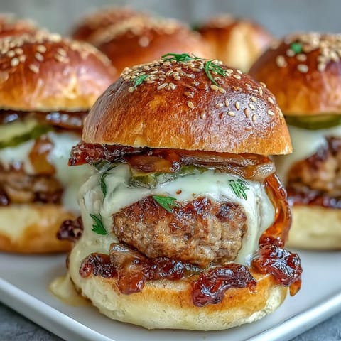 Golden brown Touchdown Brat Sliders with toasted sesame buns and melted beer cheese sauce.