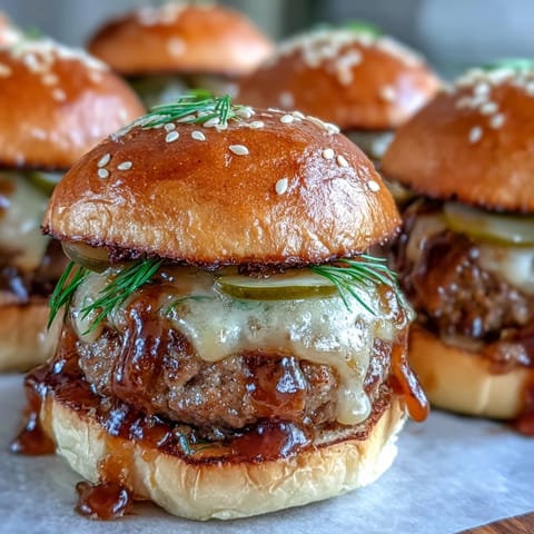 Twelve Touchdown Brat Sliders served with pickles and caramelized onions on a platter.