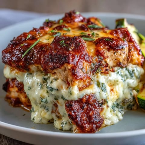 Freshly baked High Protein Chicken Zucchini Bake with golden melted mozzarella, layered with seared chicken and zucchini.