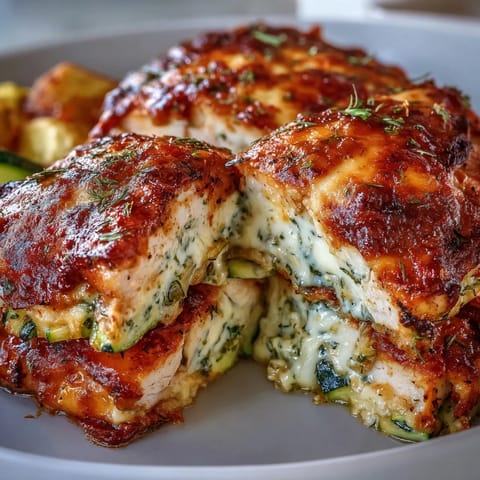 Creamy slices of High Protein Chicken Zucchini Bake served warm, featuring bubbly Parmesan and tender vegetable layers.