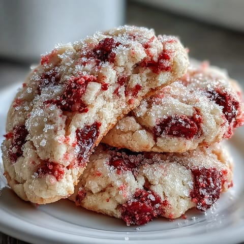 Freshly baked Soft Chewy Raspberry Sugar Cookies stacked on a wire cooling rack with crumbs.