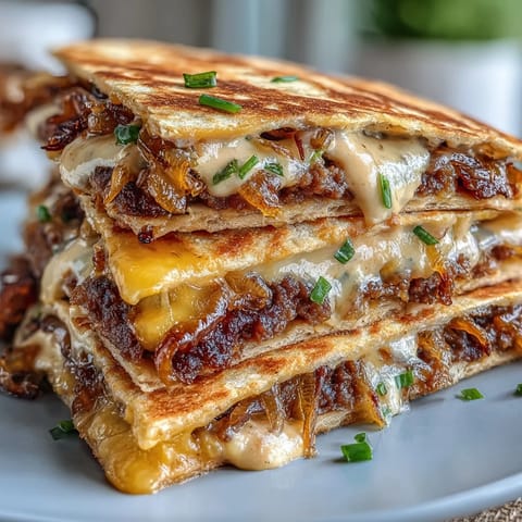 Golden Cheesy Griddled Smashburger Quesadillas stuffed with juicy smashburger patties and sweet onions, drizzled with tangy mayo-mustard sauce.