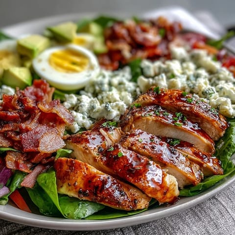Colorful Cobb Salad Bowl topped with quartered eggs, diced tomatoes, and ranch dressing served in a rustic bowl.