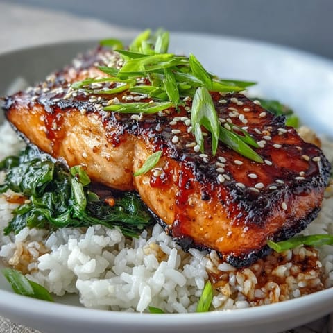 Glistening miso glazed salmon bowl with jasmine rice and sautéed spinach, garnished with green onions and sesame seeds.