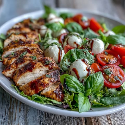 Grilled chicken slices, fresh mozzarella, and ripe tomatoes form a vibrant Caprese Chicken Bowl, drizzled with balsamic glaze.