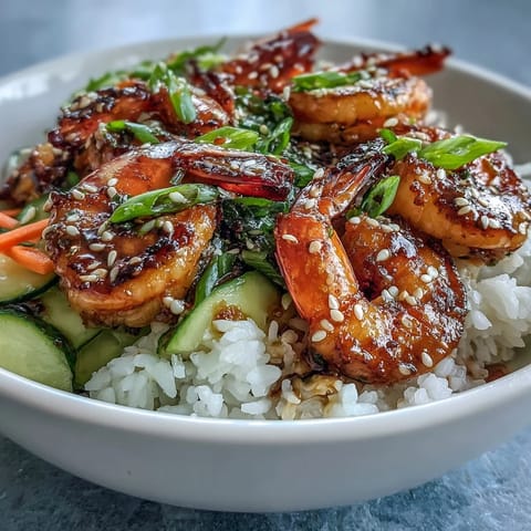Grilled shrimp and crisp veggies are arranged over jasmine rice in an Asian Shrimp Bowl.