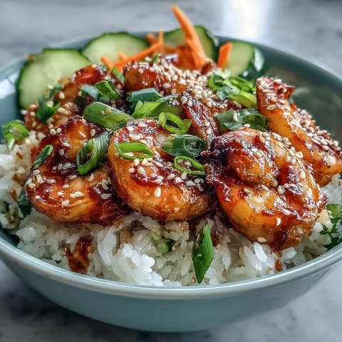 A drizzle of tangy ginger-sesame dressing coats the colorful Asian Shrimp Bowl ingredients.