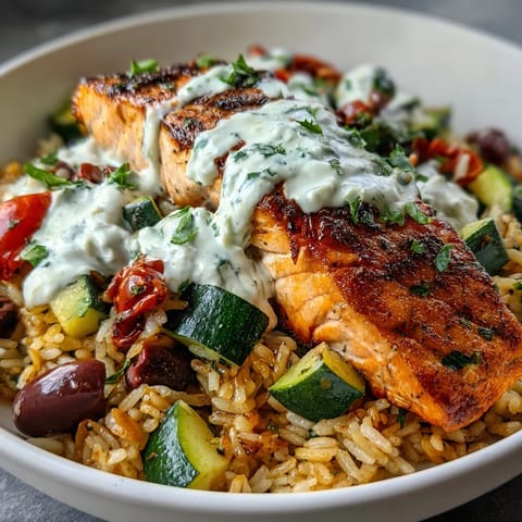 Golden crispy rice topped with flaky pan-seared salmon, Mediterranean veggies, and a creamy lemon-yogurt drizzle for a vibrant dinner.