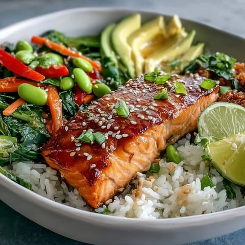 Fork-tender soy ginger salmon rests on fluffy rice with crisp veggies and creamy avocado slices. 