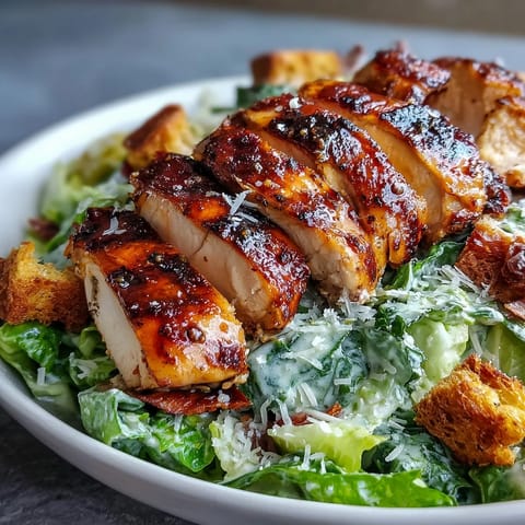 A vibrant Caesar Chicken Bowl featuring tender sliced chicken, shaved parmesan, and golden croutons on crunchy romaine.