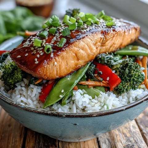 Savory-sweet glazed Teriyaki Salmon Bowl with fluffy rice and crisp, colorful stir-fried vegetables for dinner.