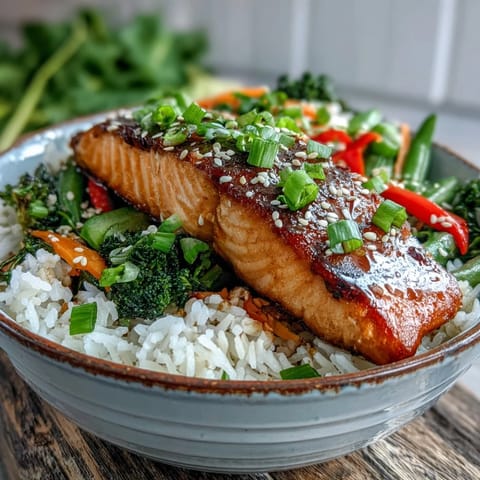 Tender teriyaki salmon fillet rests on steamed jasmine rice next to vibrant bell peppers and broccoli florets.
